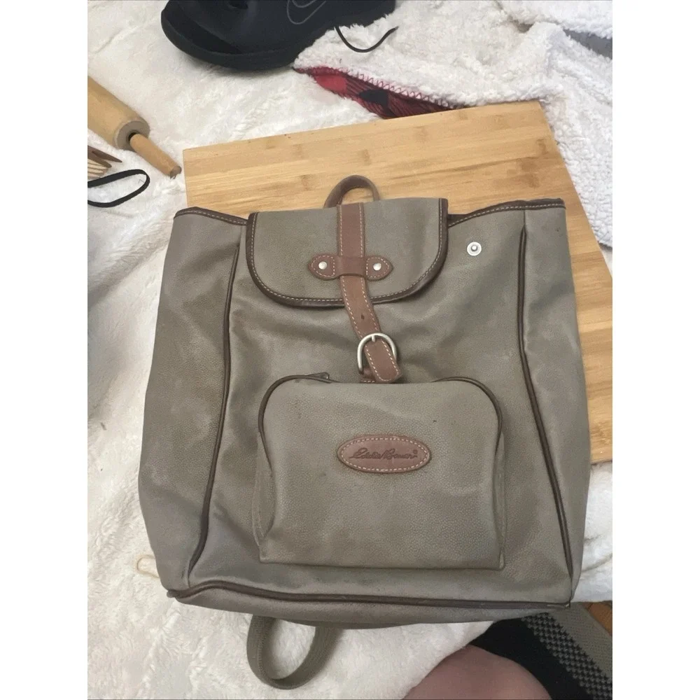 Classic Eddie Bauer vtg Leather Backpack Brown Tan Green Rucksack